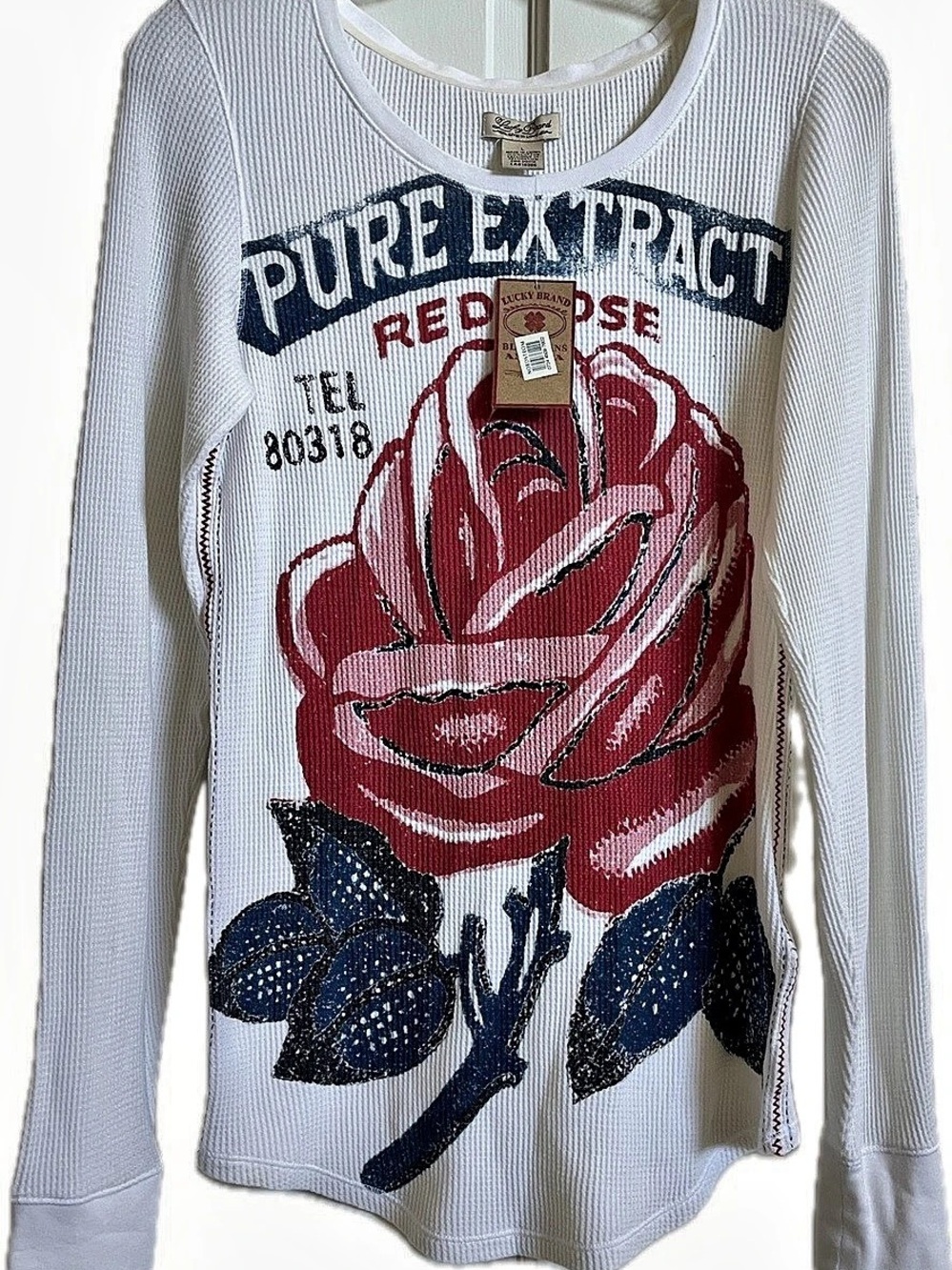 NWT Women’s Lucky Brand “Red Rose”Graphic Thermal Long Sleeve Top in Red, White